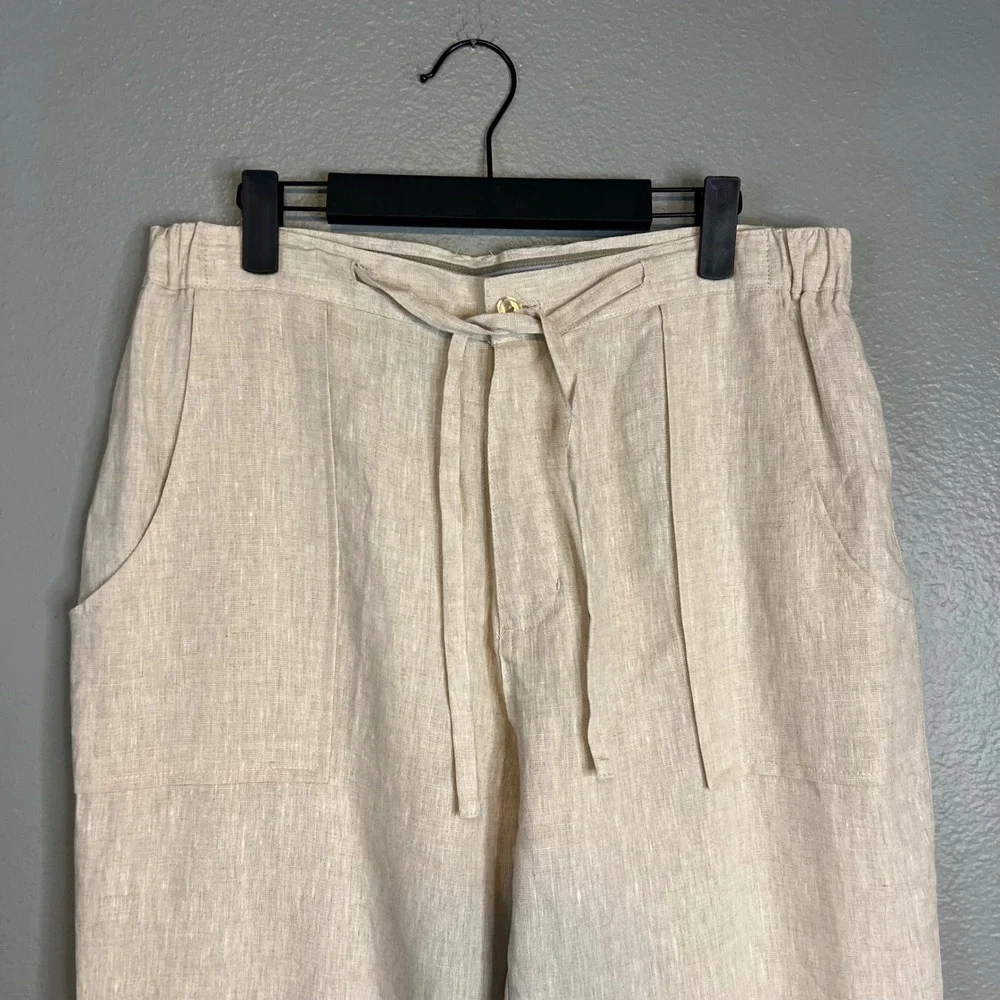 Bohio Mens Linen Pants Size L Beige Zip Drawstring Straight Leg Casual Trousers